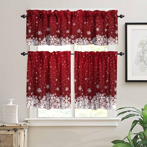 Christmas Curtains Valances Set 3 Pieces - Red Snowflake Holiday Window Decor 27"W x 24"L