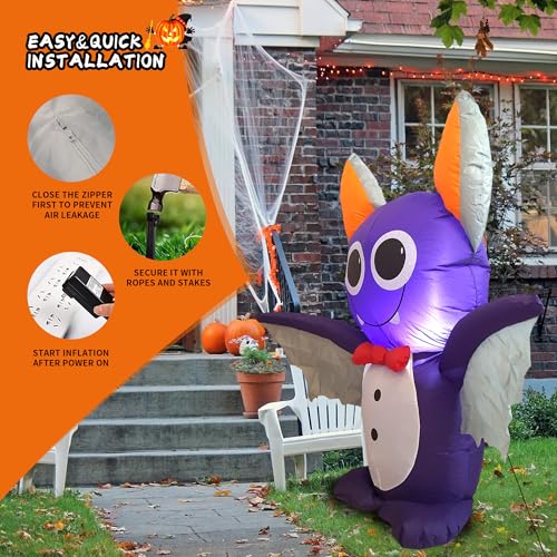 3.9FT Purple Bat Inflatable Halloween Decor with LED Lights Indoor Outdoor Yard