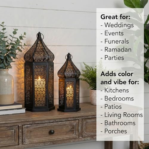 Set of 2 Black Moroccan Lanterns - 11 Inch & 15 Inch Indoor Outdoor Decor