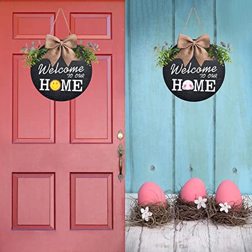 Interchangeable Welcome Home Sign with 21 Seasonal Icons - Rustic Wood Porch Decor (Black, 12")