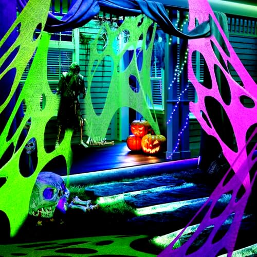 Glow in the Dark Spider Web Halloween Decorations Outdoor 1800 Sqft with Black Light & Ground Nails