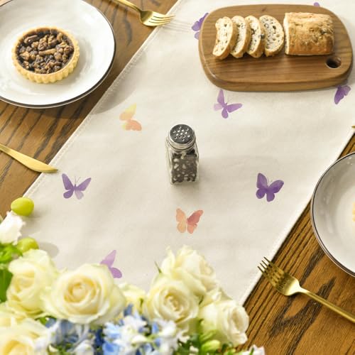 Watercolour Tulip Butterfly Table Runner 13 x 108 Inch Beige Spring Table Decor
