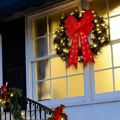 24 Inch 40LED Glitter Red Christmas Wreath Bow with Lights - Indoor Outdoor Holiday Decor