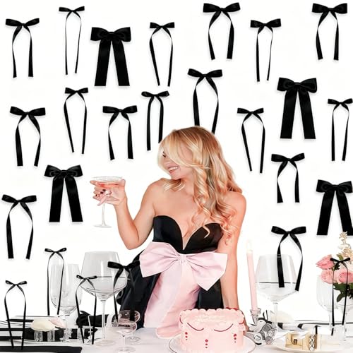 Black Satin Ribbon Bow Party Decorations Set - 40pcs for Elegant Birthday & Event Backdrop - Variation of THIS listing