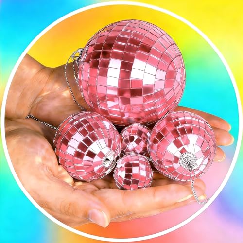 Pink Mini Disco Mirror Ball Ornaments - 37 Pcs Party & Christmas Decor