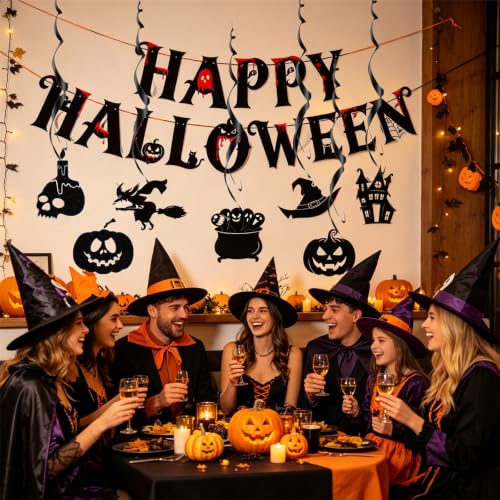 Halloween Party Decoration Set with Banner, Hanging Swirls, Cake & Cupcake Toppers