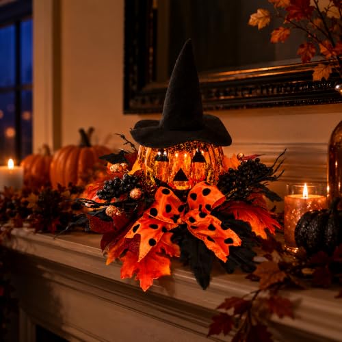 Lighted Halloween Pumpkin Decor with Witch Hat and Bow - 15 Inch Tabletop Fall Decor