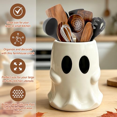 Halloween Ghost Ceramic Utensil Holder - Spooky Kitchen Decor, Halloween Ghost Variation