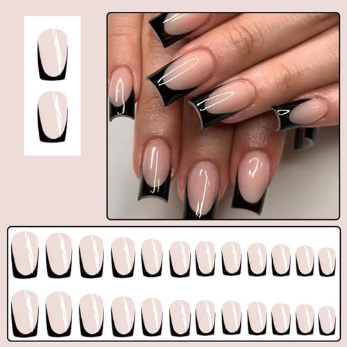 Black French Tip Press On Nails - Medium Square Fake Nails for Manicure - 24Pcs