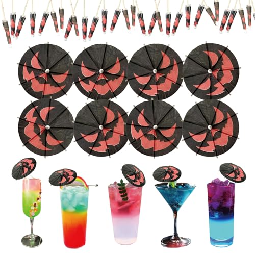 Halloween Pumpkin Cocktail Picks - Red-Black Spooky Drink Stirrers, Party Decor, 140 Pack
