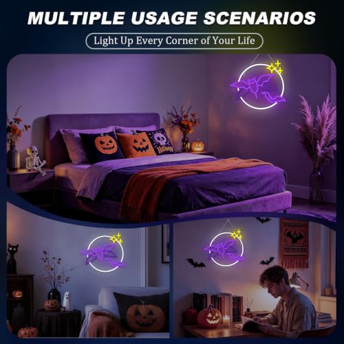 Purple Bat Neon Sign with Flashing Wings Halloween Wall Decor