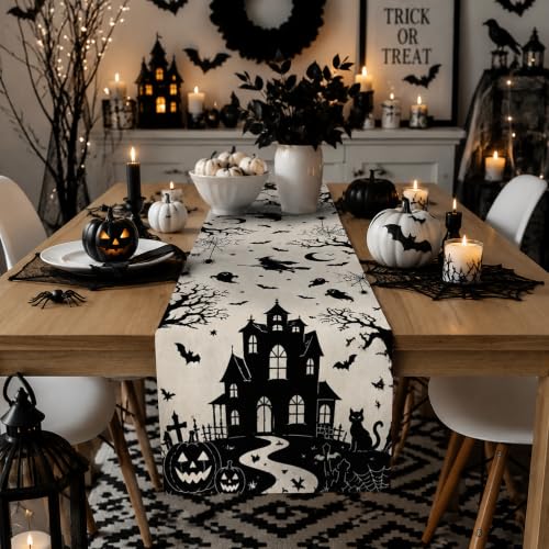 Halloween Haunted House Gothic Table Runner - Witch Ghost Bat Fall Decor - Variation of Halloween Haunted House