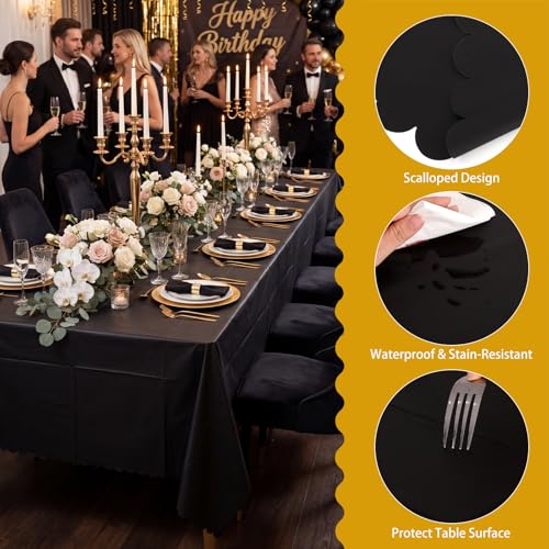 Black Plastic Tablecloth 3 Pack - Scalloped Halloween Waterproof Disposable