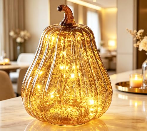Mercury Glass Pumpkin Lights with Timer - Fall Home Decor - Coffee
