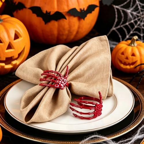 Red Halloween Skeleton Napkin Rings Set of 6 - Spooky Gothic Table Decor