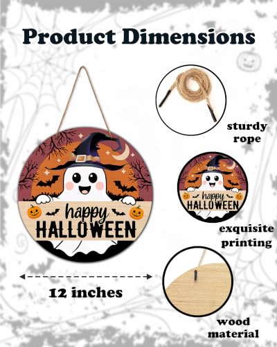 Halloween Wooden Door Sign - Spooky Ghost Pumpkin Bats Decor 12x12 Inches
