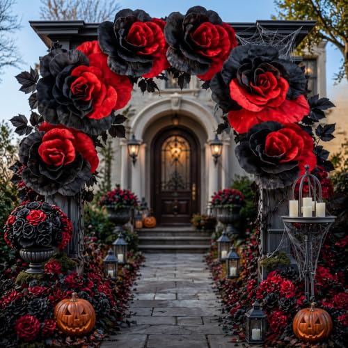 Giant Black and Red Artificial Flowers Roses Velvet Halloween Decor Set - 6 Pieces