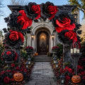 Giant Black and Red Artificial Flowers Roses Velvet Halloween Decor Set - 6 Pieces