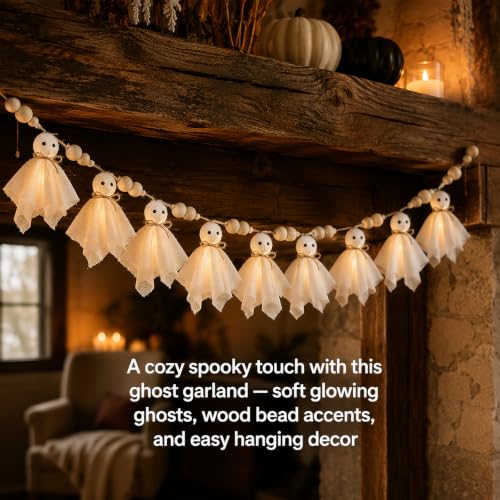 Halloween Ghost Garland with LED Lights - 10 Cute Spooky Party Banner, Indoor Decor