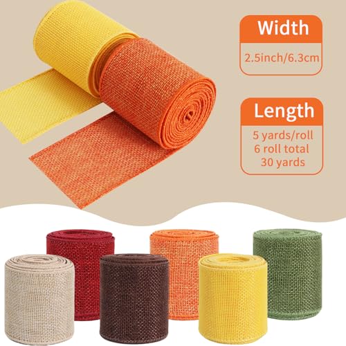 Fall Burlap Wired Ribbon Set - 6 Rolls, 2.5 Inch Wide, Autumn Colors, Gift & Wreath Decor