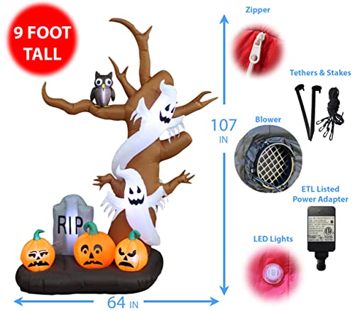 9 FT Halloween Inflatable Tree with Ghosts, Pumpkins, and Owl - Spooky Yard Decoration