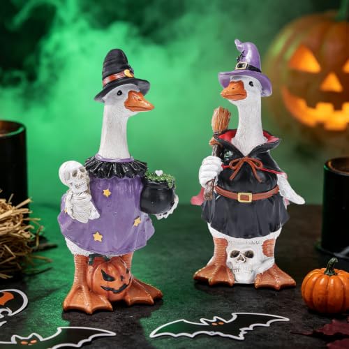 Halloween Goose Statue Black Resin Witch Skull Decor - 8.8"