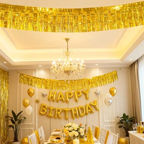 Gold Wall Hanging Tinsel Fringe Banners - 12 Inch x 10 Ft, 6 Pack Party Decor