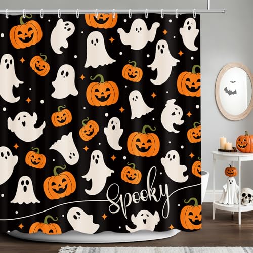 Halloween Ghost Pumpkin Shower Curtain - Black, Waterproof, 72x72 in