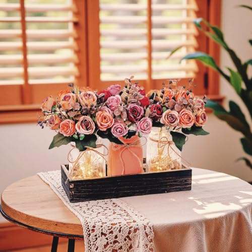 Farmhouse Mason Jar Centerpiece with Pink & Orange Artificial Fall Flowers - Rustic Table Decoration