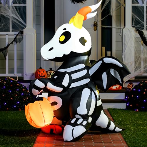 Halloween Inflatable Skeleton Dragon Light Up Yard Decor - 5 FT Tall, Outdoor Blow Up Decoration with LEDs & Stakes - Skeleton Dragon Variation