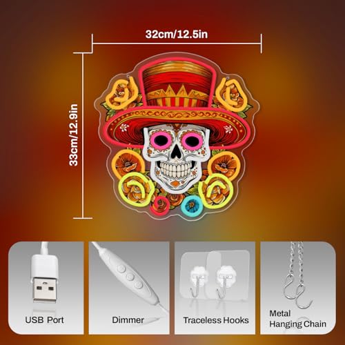 Red Day of the Dead Skull Neon Sign LED Wall Decor USB Dimmable