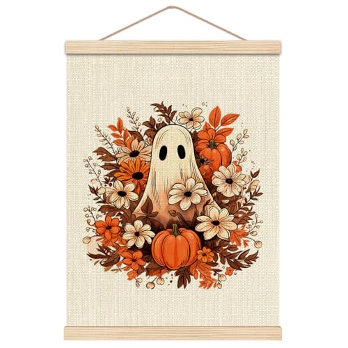 Halloween Ghost Farmhouse Wall Decor - Rustic Fall Wooden Poster with Hanger, 17 x 12.5 Inches