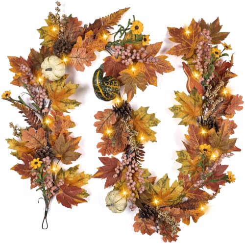 Fall Maple Leaf Pumpkin Berry Garland - 6 Ft with Lights, Style-2