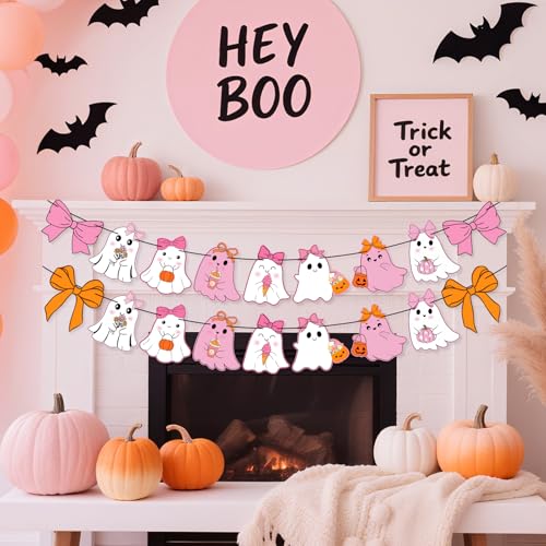 Halloween Ghost Banner Garland Set - 3 Pcs Spooky Party Decorations, Bows & Pumpkins