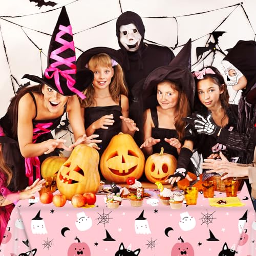 Pink Halloween Plastic Tablecloth 54x108 Inch - 3 Pack, Ghost Pumpkin Bat Design, Disposable Party Decor