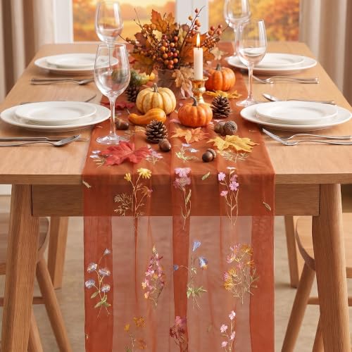 Wildflower Floral Caramel Gauze Table Runner 28 x 120 Inch - Spring Kitchen Decor