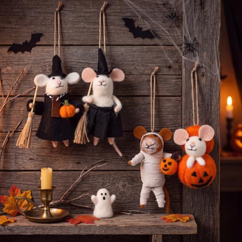 Halloween Felt Mouse Ornaments Set - Wool Handmade Decor with Pumpkin & Witch Details - 4 Pieces