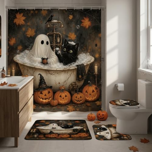 Funny Halloween Bathroom Shower Curtain and Rug Set - Ghost & Cat Scene, 4PCS - InIsaJace
