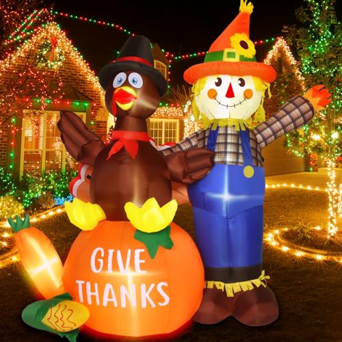 6 Ft Outdoor Thanksgiving Inflatable Turkey and Scarecrow Decor