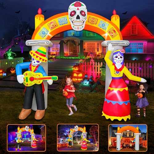 9Ft Skeleton Arch Inflatable Halloween Decoration with Skull & LED Lights - Day of The Dead Yard Decor