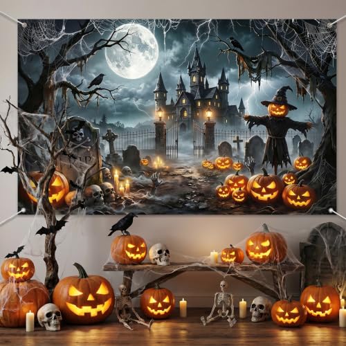 Avezano Halloween Banner 6x3.6ft Spooky Haunted Graveyard Backdrop - Creepy Halloween Decorations