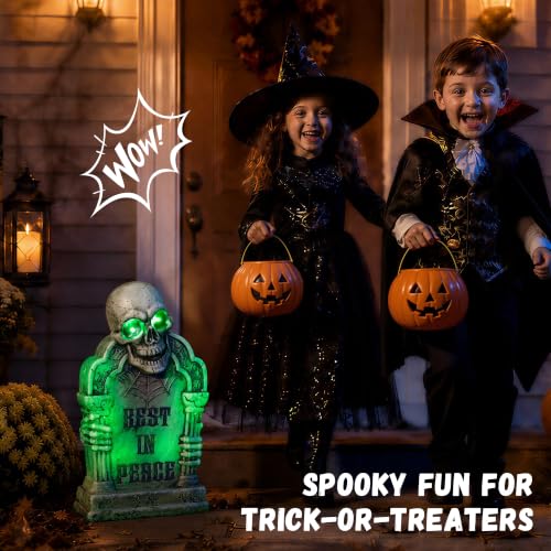 Halloween Animatronic Tombstone with Skull & Pillars - Green Light & Creepy Sound Effects - RIP Cemetery Prop - Variation: Tombstone Green