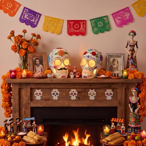 Day of The Dead Sugar Skull Decorations Set - Light Up Resin Skeleton Figures with Floral Details - Variation of THIS Listing