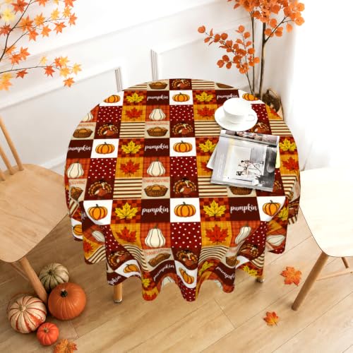 Fall Round Tablecloth 60x60 Inch Thanksgiving Pumpkin Decor with Variation Red Brown Yellow