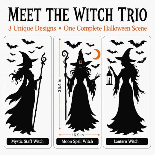 KRZKRZ Witch Bat Decals for Glass Halloween Window Clings - Large Set