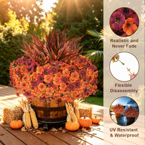 Artificial Fall Flowers Set with UV-Resistant Mums & Plants - Red Orange
