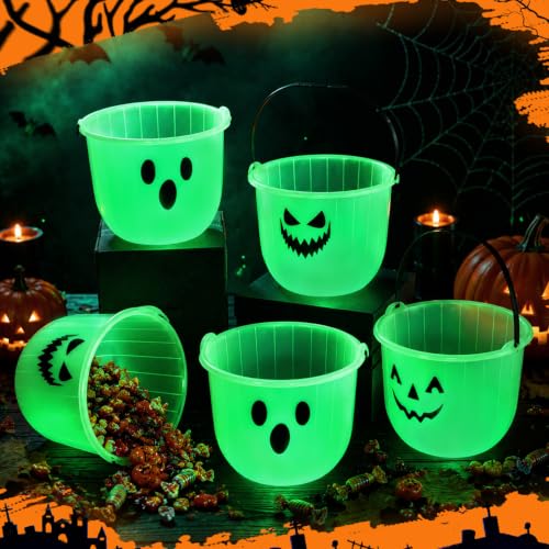 Glow In The Dark Halloween Candy Buckets - 12 Pack with Ghost, Pumpkin & Devil Designs