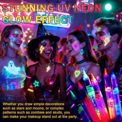 Glow in the Dark Face & Body Paint Markers - 12 Colors for Skin, UV Neon