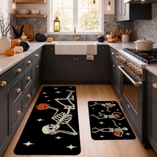 Halloween Skeleton Pumpkin Kitchen Mat Set of 2 Non Slip Washable Rug Decor