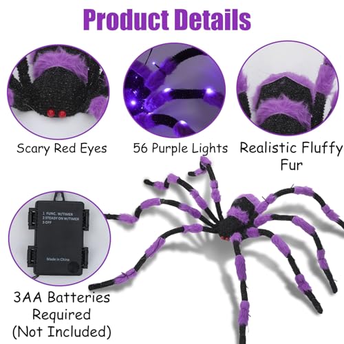 Giant Purple Halloween Spider Decoration 60” Lighted Outdoor Indoor with Red Eyes